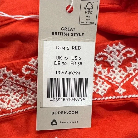 New Boden Square Neck Rara Dress in Firecracker New With Tag Size 6 Embroidered - Picture 11 of 16
